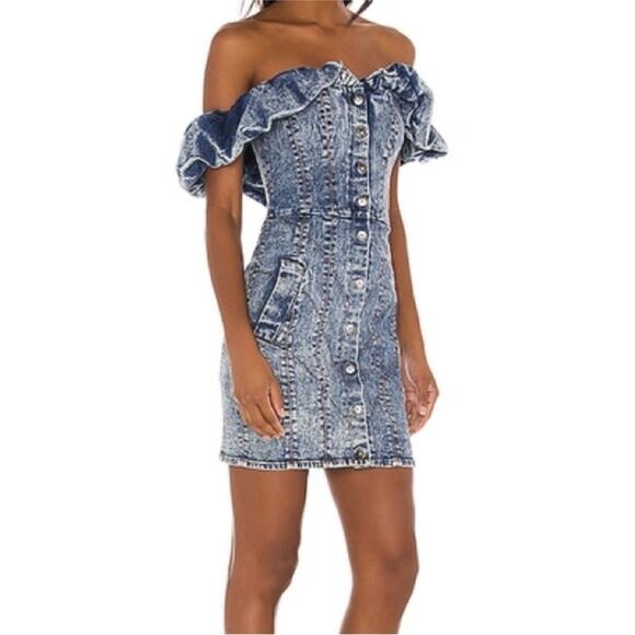 Misha Trisha Acid Wash Blue Denim Off The Shoulder Ruffle Mini Dress 10 - Picture 4 of 13